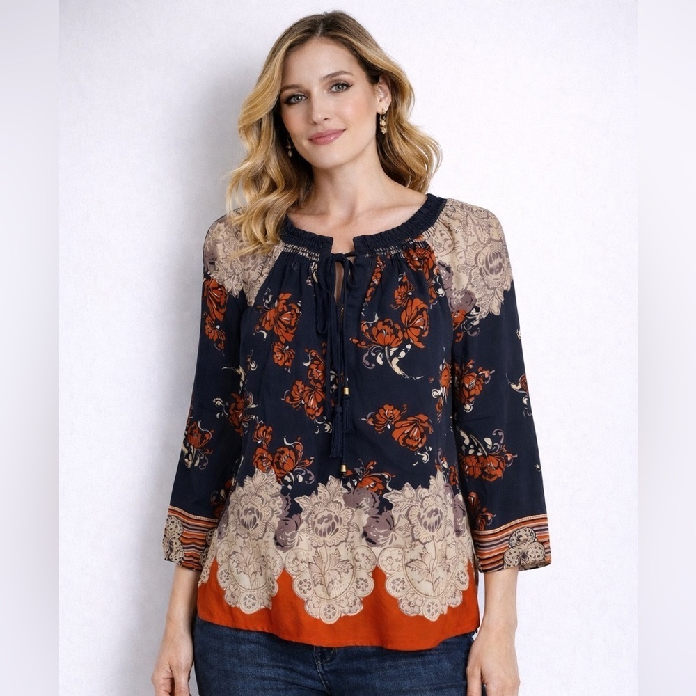 Anthro Meadow Rue Silk Boho Blouse Blue Floral Tie Neck Size S 100% silk